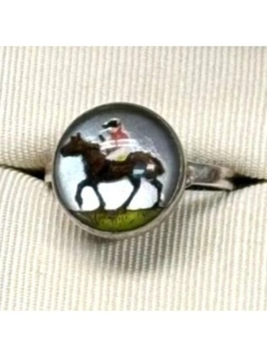 VIP Sterling Jewelry - Vtg Sterling Silver Reverse Painted Essex Glass Horse Jockey Ring Adjustable